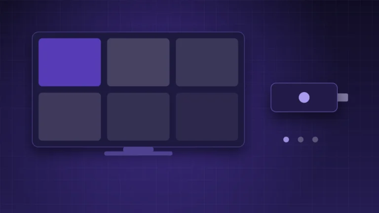 Abstract illustration of a streaming stick connected to a television showing a tile grid